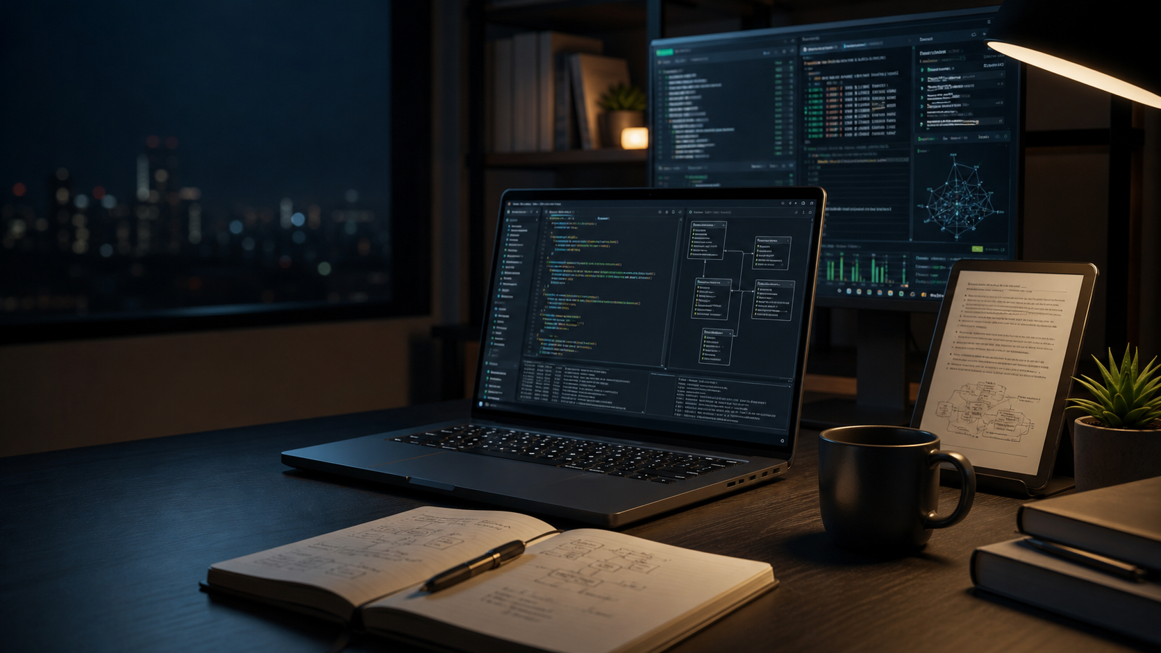 A developer workstation with code, database diagrams, and research notes
